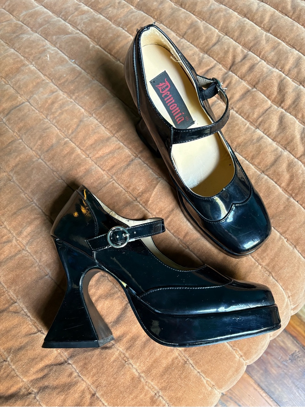 Vintage Demonia Flared Heel Black Patent Mary Jane Platforms